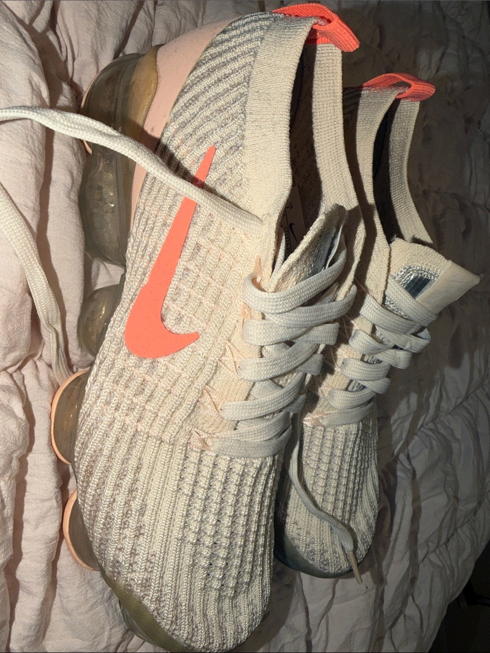 Nike Women’s Cream Knit Sneakers with Coral Swoosh